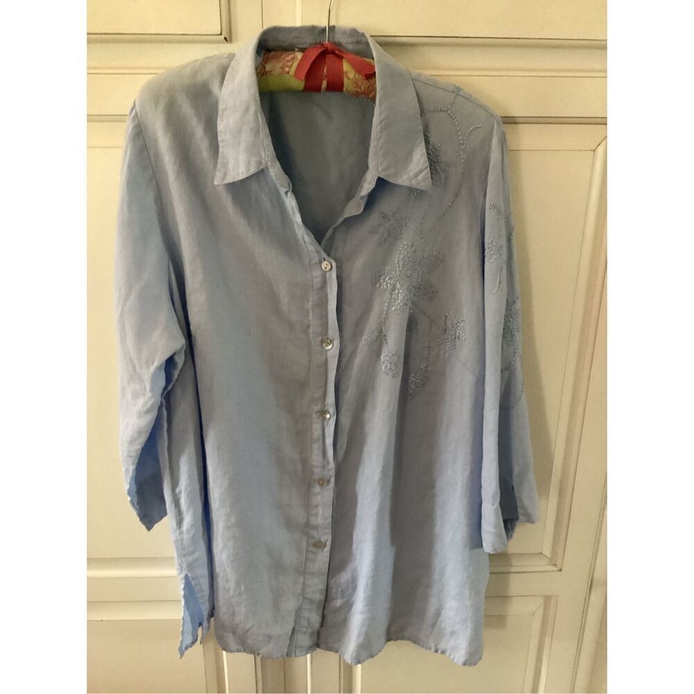 Edward Woman 100% IRISH Linen Button Down Shirt Sz 2X Embroidered Blue